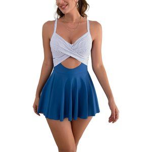 Women Cutout One Piece Skirt Swimsuit V Neck Wrap Tie Back Swimdress